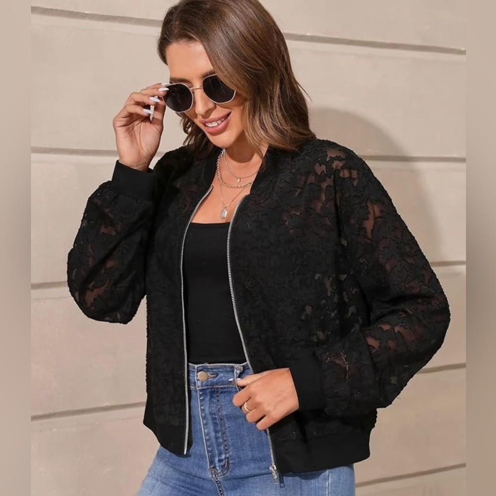 SHEIN Elegant Black Lace Bomber Jacket.   <<<<44>>>>